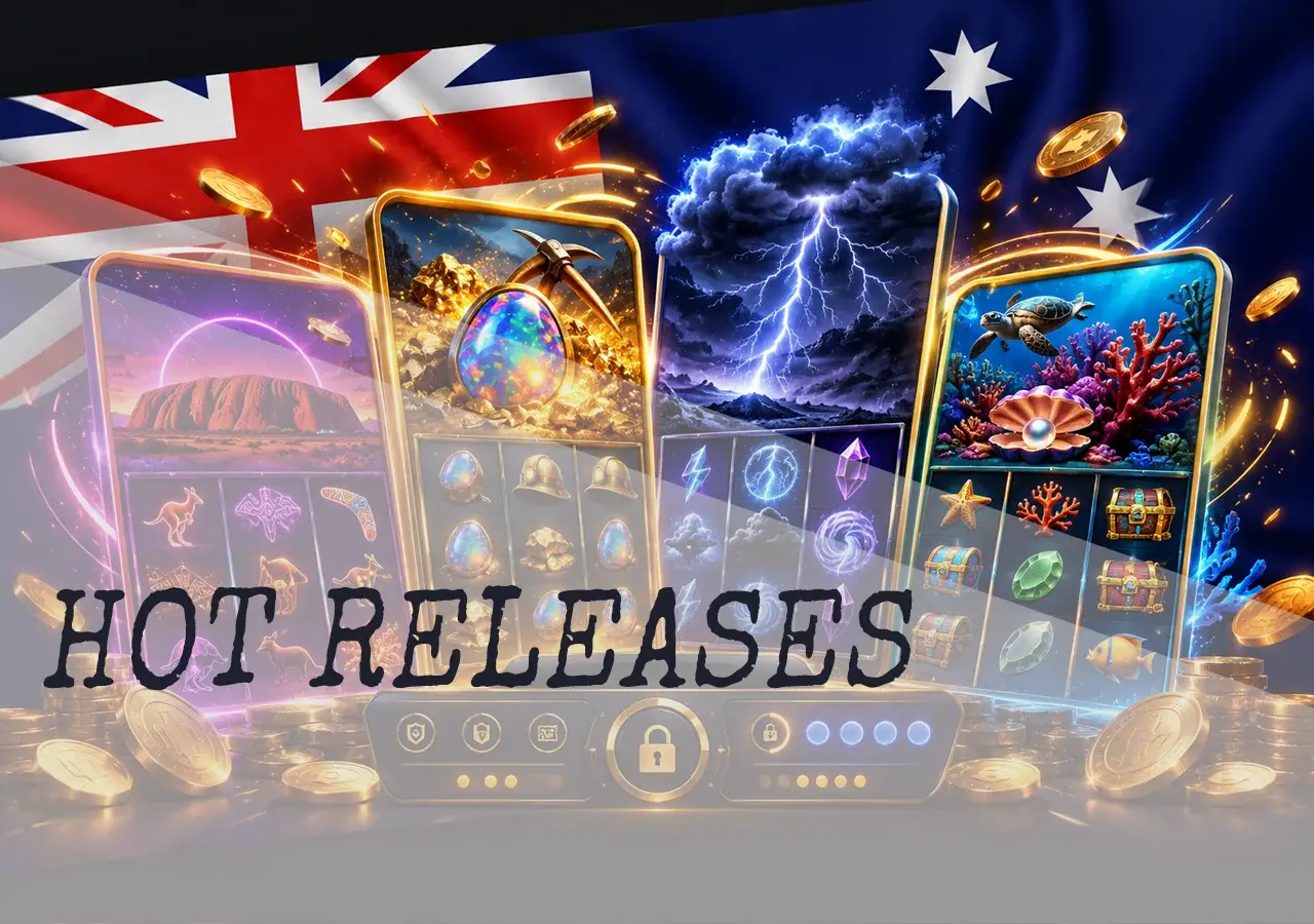 Hottest new pokie releases of 2026 in Australia with game cards, jackpot atmosphere, and coins
